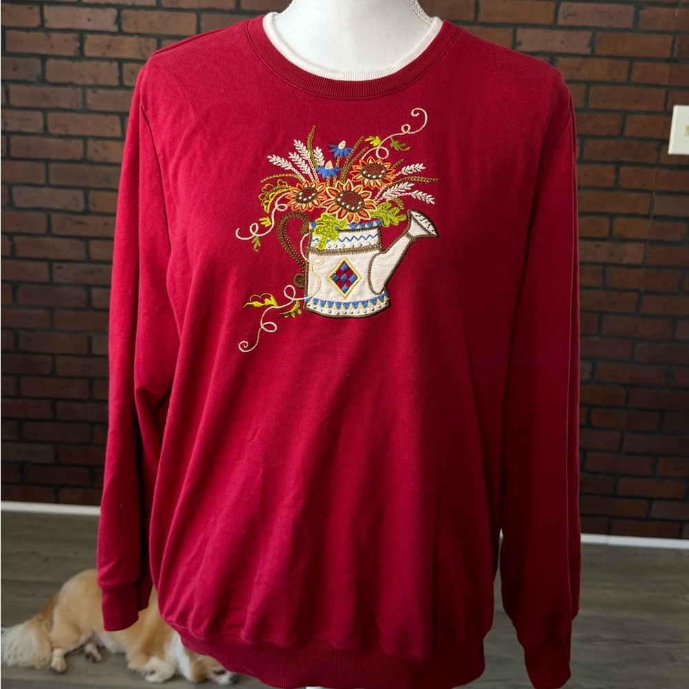 Alfred Dunner Womenβs Floral Gardening Sweater Watering Can Size Tag Cutβ Out